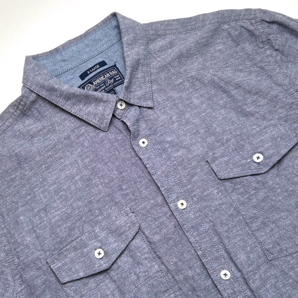 American Rag Men Linen Blend Short Sleeve Button Down Shirt Blue Size XL Western